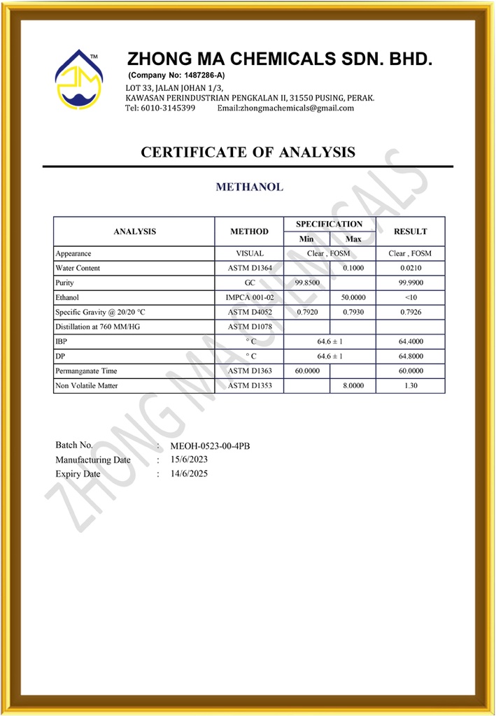 METHANOL (METHYL ALCOHOL) Zhong Ma Chemicals
